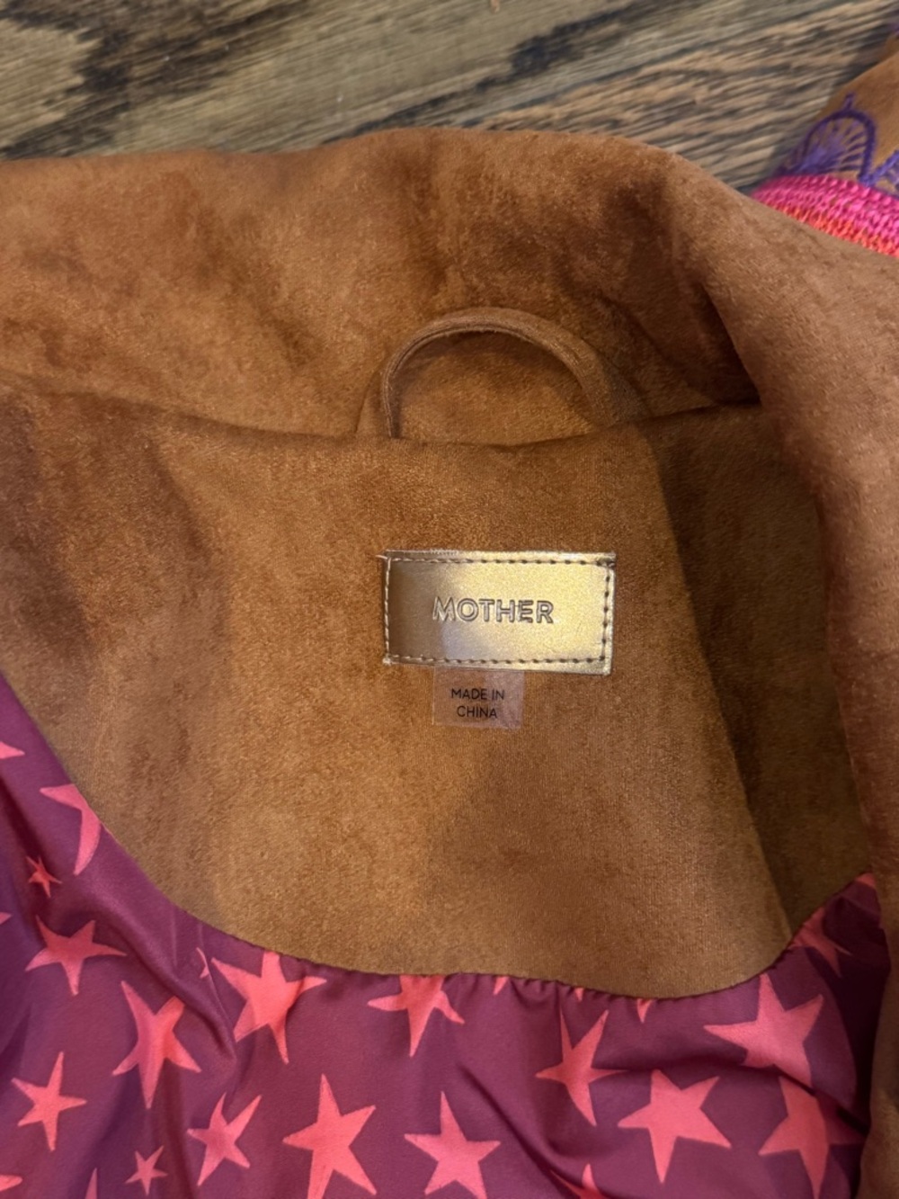 MOTHER Boho Suede Cropped Jacket in Caramel with Pink Trim - Picture 4 of 4